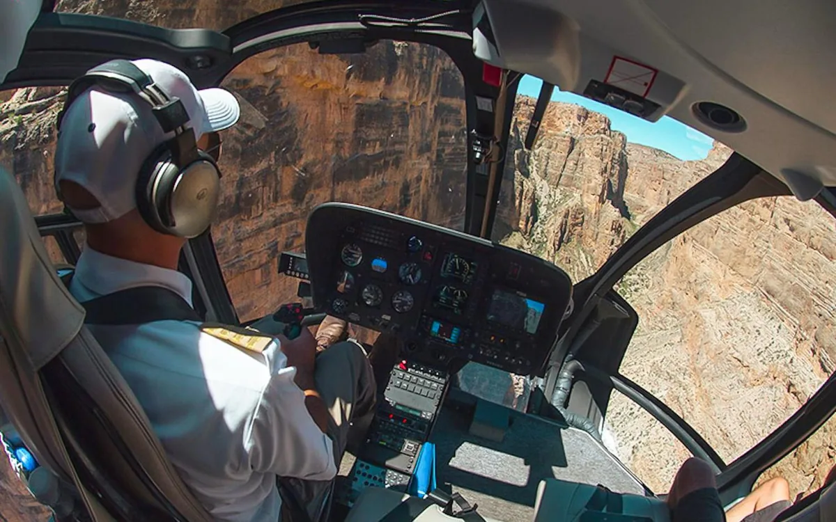 The cockpit of a helicopter on a Grand Canyon flight