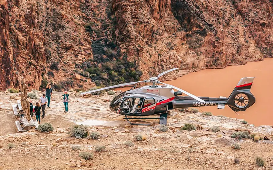 A helicopter landed on the floor of the Grand Canyon