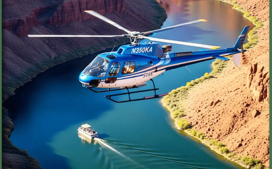 A helicopter above the Colorado River with a pontoon boat below
